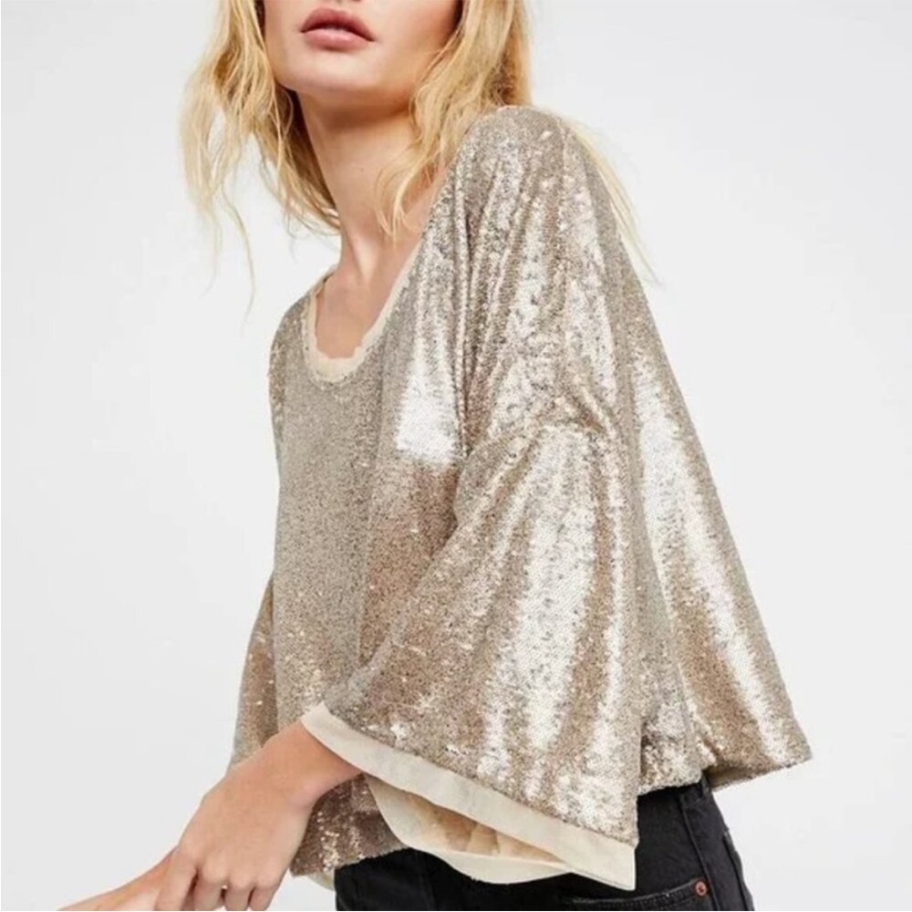Free People Champagne Dreams Mini Sequin Dolman Sleeve Top XS